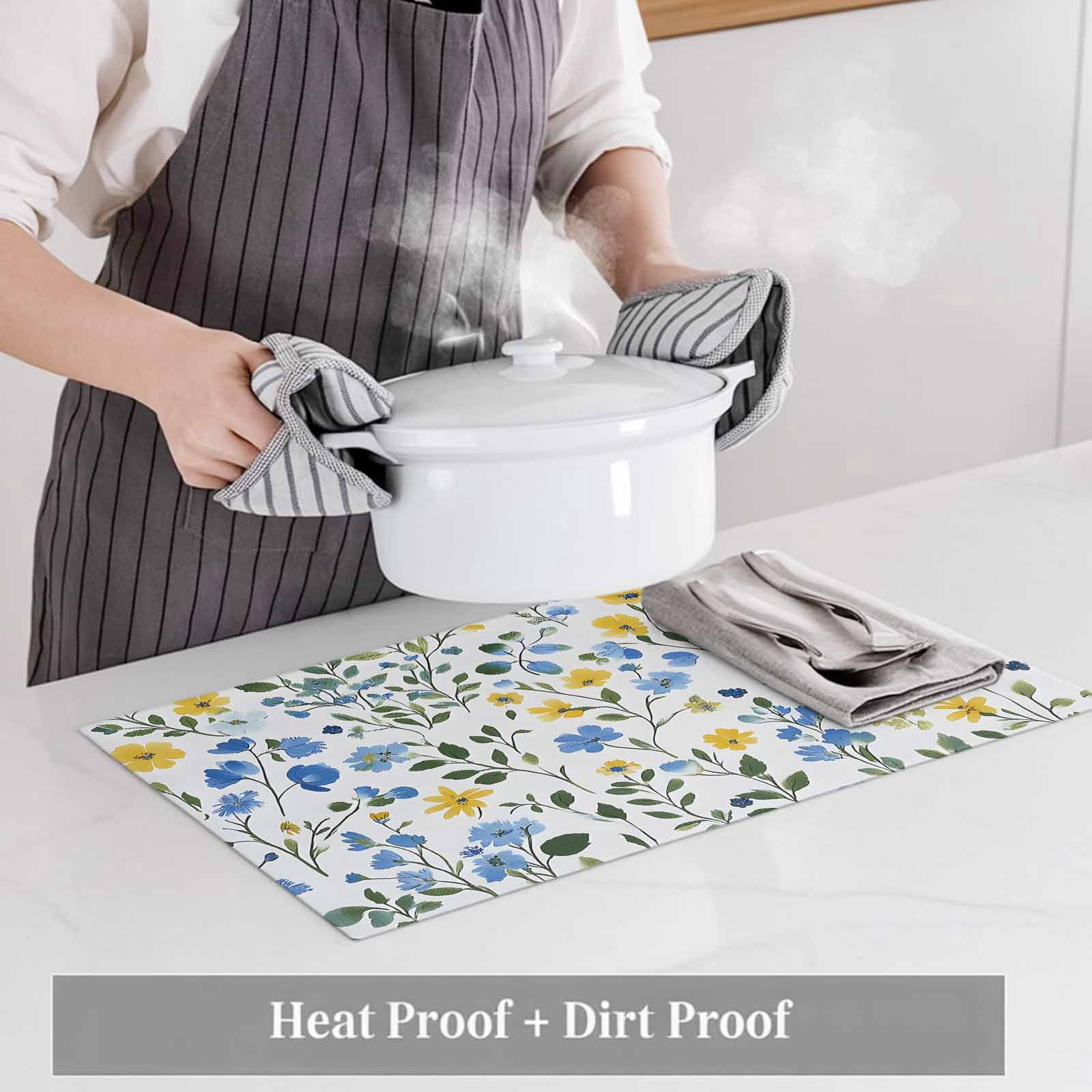 Placemat Set of 6 Yellow Blue Floral Leaf Placemats for Dining Table Wildflowers Plant Washable Table Mats for Kitchen and Party Decor Indoor & Outdoor Use