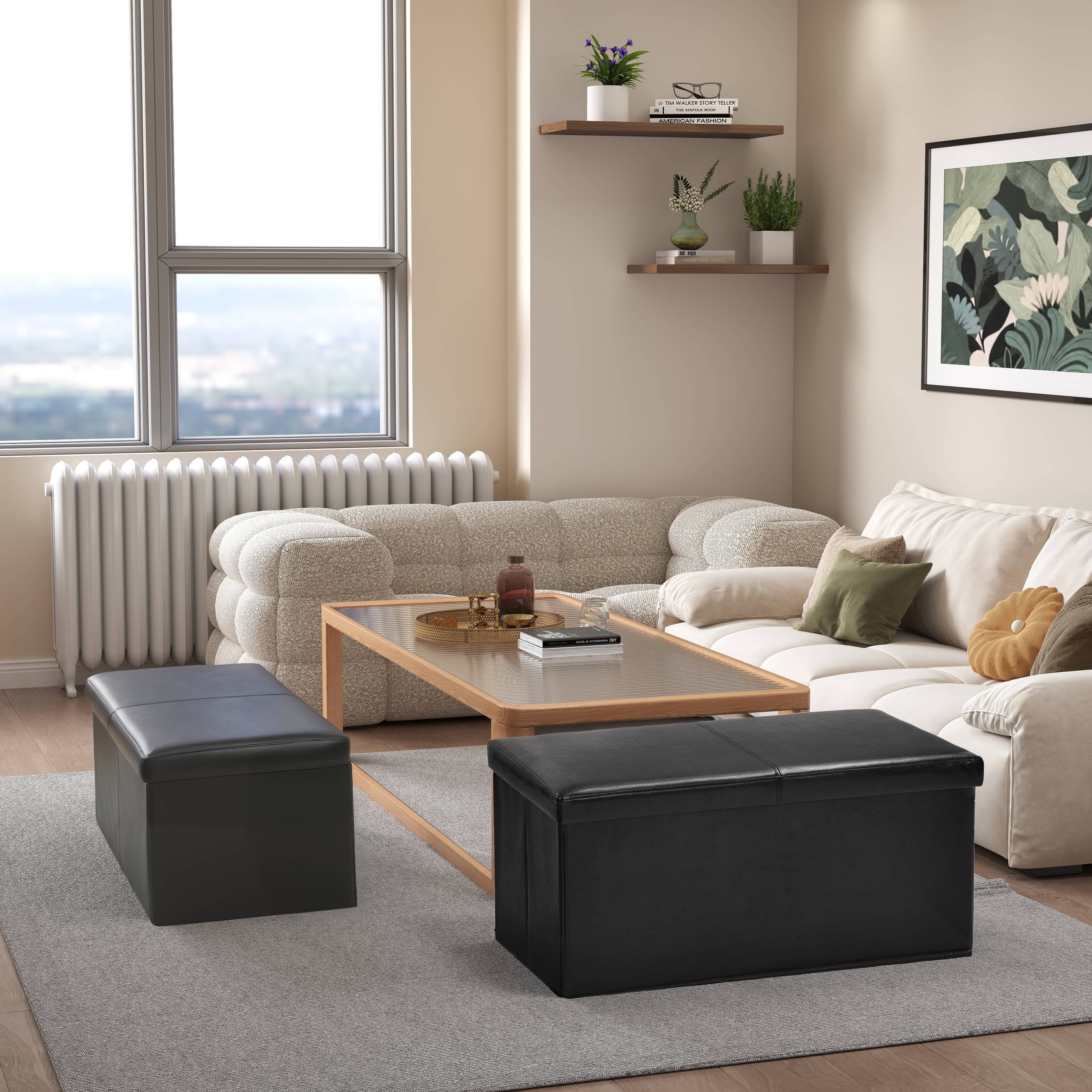 Homy Casa 2 Pack Folding Ottoman Chair with Storage, Black Faux Leather, Multipurpose Use