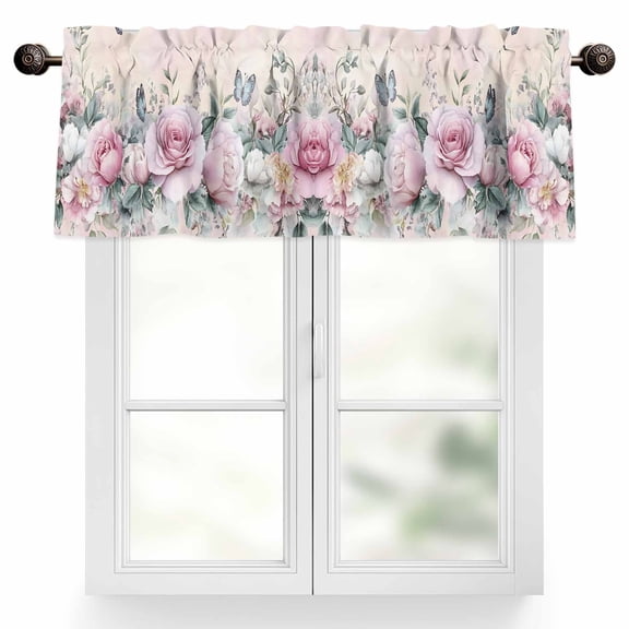 Ombre Pink Rose Butterfly Valances for Windows, 60 x 18in, Vintage Flowers Rod Pocket Kitchen Valance Curtain Light Filtering Window Treatments for Living Room Bedroom, 1 Panel