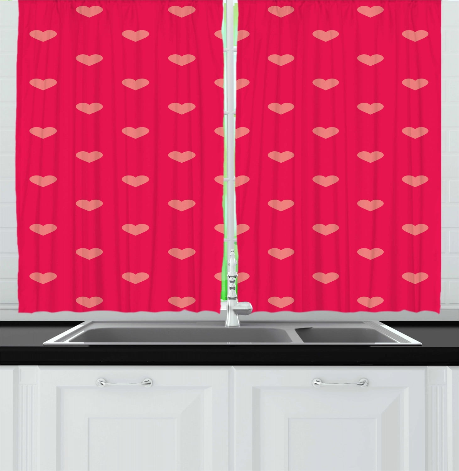 Hearts Curtains 2 Panels Set, Pastel Heart Shaped Spots Fashionable