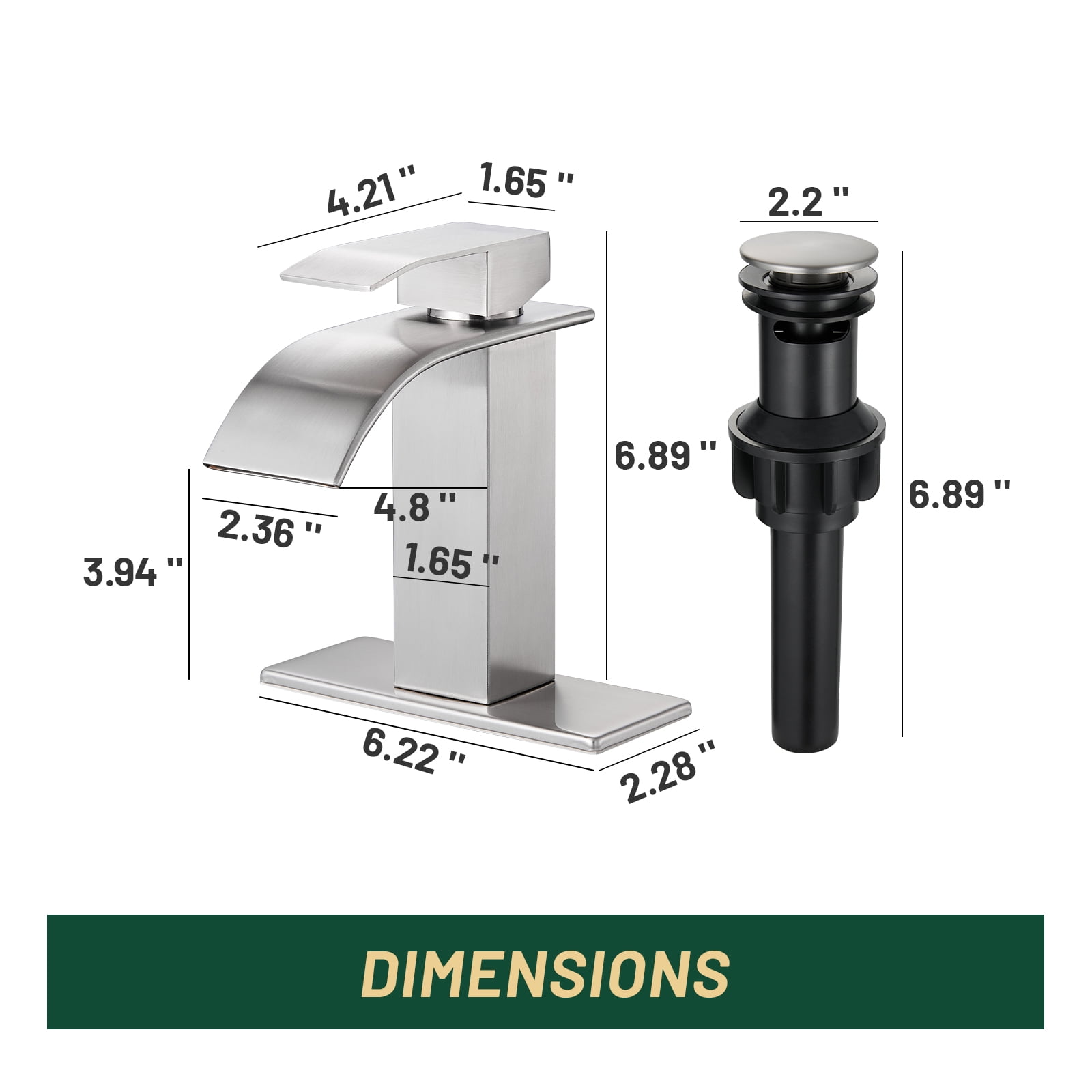 Cobbe Single Handle Single Hole Brushed Nickel Waterfall Bathroom Sink Faucet with Deck Plate and Pop-Up Drain Assembly
