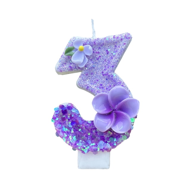 Vela de cumpleaños número 0 de 2,95 pulgadas con lentejuelas y flores moradas, decoración para tarta de cumpleaños, boda, fiesta de cumpleaños
