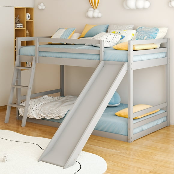 Ktaxon Bunk Bed Twin Over Twin,Kids Low Floor Bed Frame with Slide for Children Boys Girls Dormitory Bedroom,No Box Spring Needed,Gray