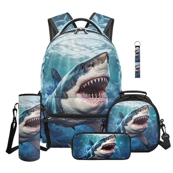 Jeiento 5-Piece Backpack and Lunch Box Set 16 Inch Water Resistant Polyester Blue Shark Backpack for Elementary Boys with Pencil Case, Water Bottle Holder, Keychain, Back to School