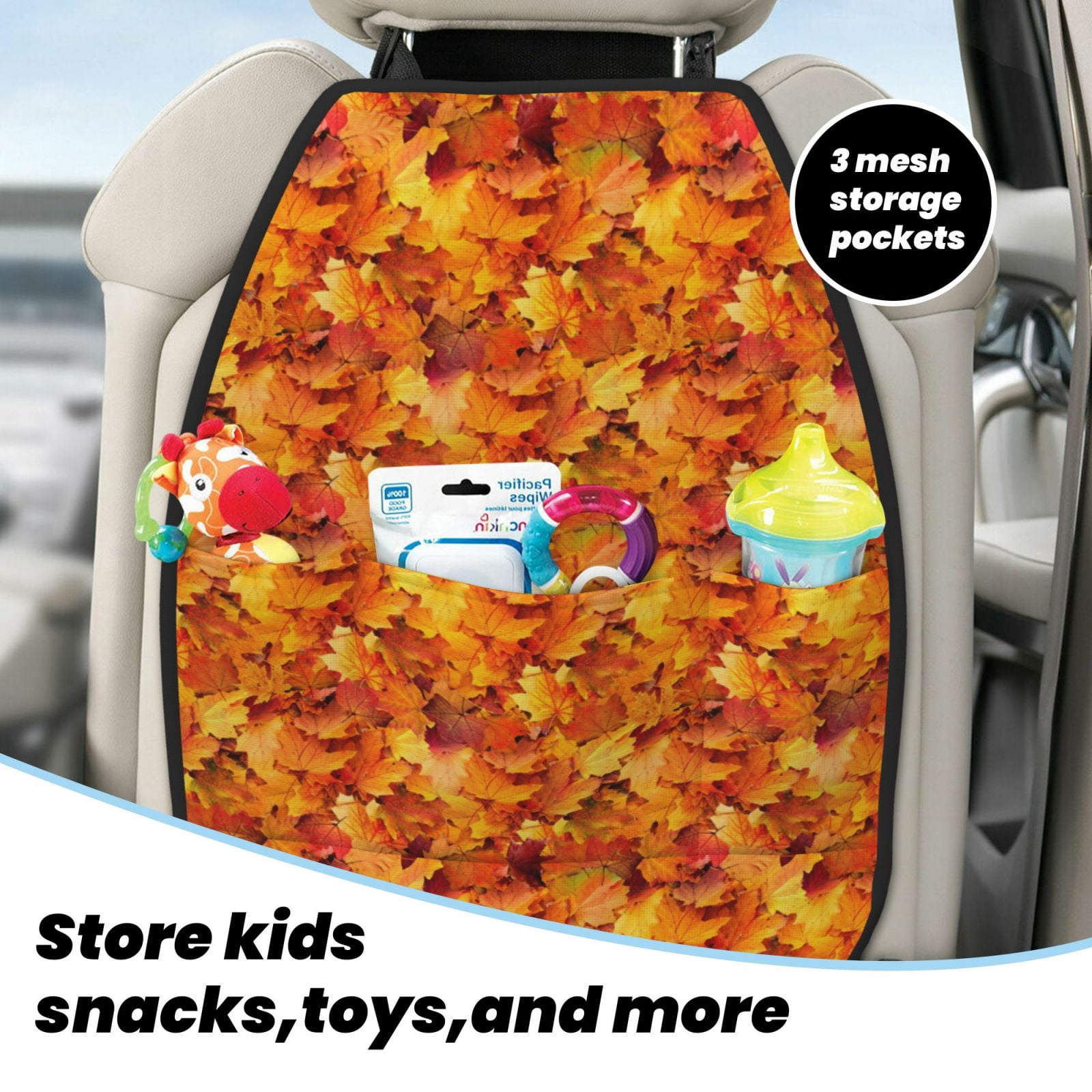 Kdxio Autumn Maple Leaf Pile Print 2 Pack Car Kick Mat Seat Cover Back Protector Mat with Pockets for Organizer Backseat Protector and Storage Anti Kick Pad for Vehicles