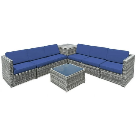 Spaco 8 Piece Wicker Sofa Rattan Dinning Set Patio Furniture with Storage Table-Navy Wicker Furniture Conversation Sets Coffee Table for Garden Poolside Backyard