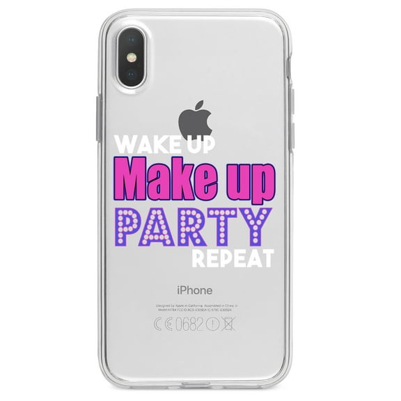 DistinctInk Clear Shockproof Hybrid Case for iPhone XR (6.1" Screen) - TPU Bumper Acrylic Back Tempered Glass Screen Protector - Wake Up Make Up Party Repeat