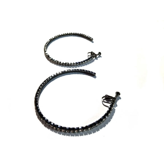 Clip-on Hoop Earrings Black Hoop Clear Rhinestone 3 inch Large