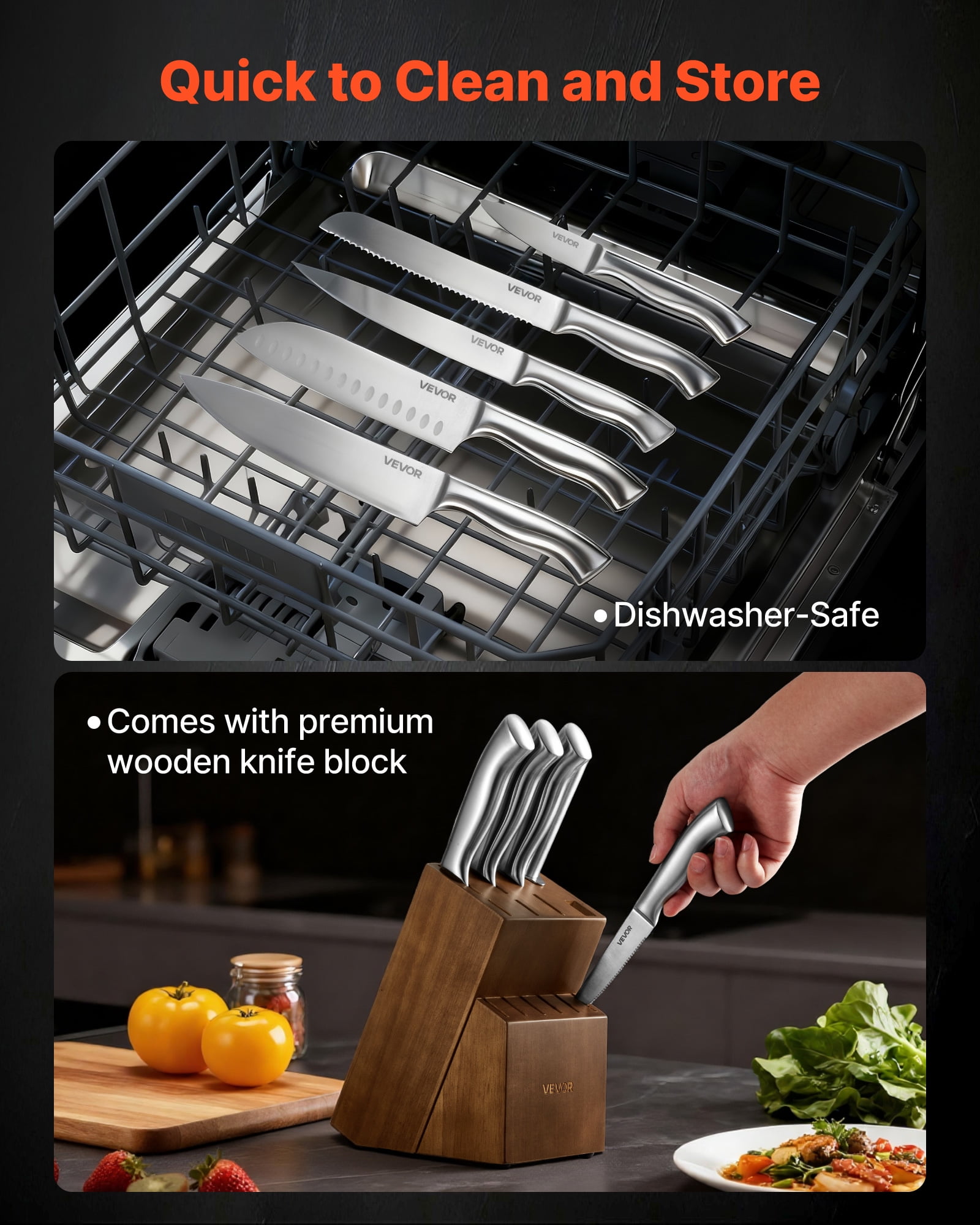 VEVOR Kitchen Knife Set with Block and Sharpener, 15 Piece German High Carbon Stainless Steel  Sharp Knife Set, Kitchen Cutlery with Ergonomic Handle, Sharpening Rod and Wooden Block, for Home Cooks