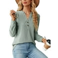 thumbnail image 3 of SHIBEVER Fall Tops for Women Long Sleeve Tshirt Casual Loose Fit V Neck Shirts Fashion Henley Button up Basic Plain Color Green Tshirt Size S, 3 of 5