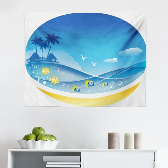 Tropical Animals Tapestry, Toucan Birds with Macro Exotic Plants with Fresh Colors Nature Design, Fabric Wall Hanging Decor for Bedroom Living Room Dorm, 2 Sizes, Green Yellow, by Ambesonne