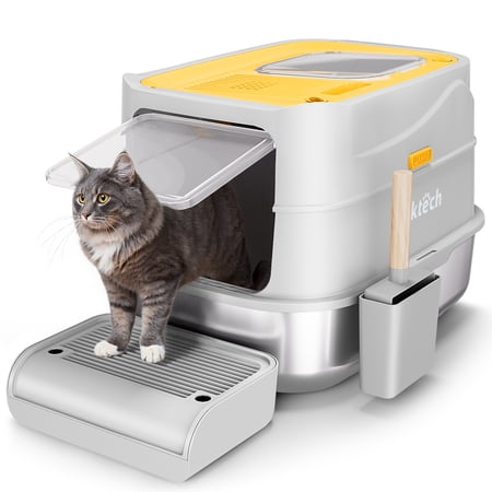 Extra Large Stainless Steel Litter Box with Lid & Scoop, Enclosed Metal Kitty Litter Box with Step, Front Entry Top Exit, Odor Control, Anti-Leakage, Non-Sticky, Easy Cleaning