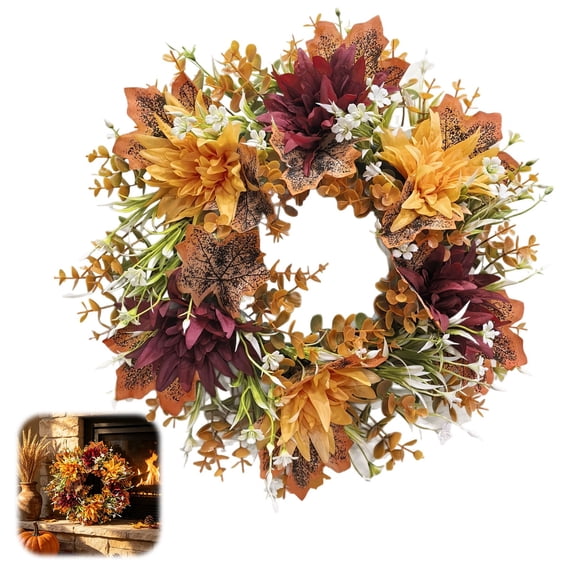 14 Inch Fall Harvest Front Door Wreath Autumn Thanksgiving Decor Artificial Door Wreath with Orange Hydrangea Purple Peony White Pumpkins Indoor Outdoor Home Table Centerpiece Decorations