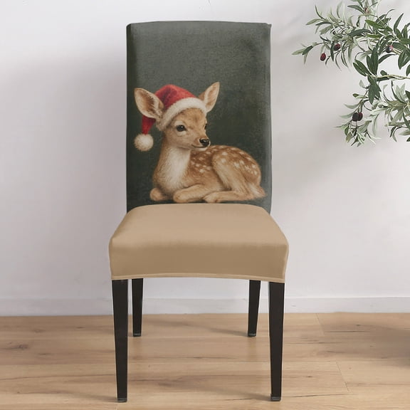 Fawn Dining Chair Covers Set of 6, Rustic Vintage Christmas Santa Hat Deer Green Background Chair Covers for Dining Room Removable Seat Protectors Slipcovers for Home Party Wedding Banquet