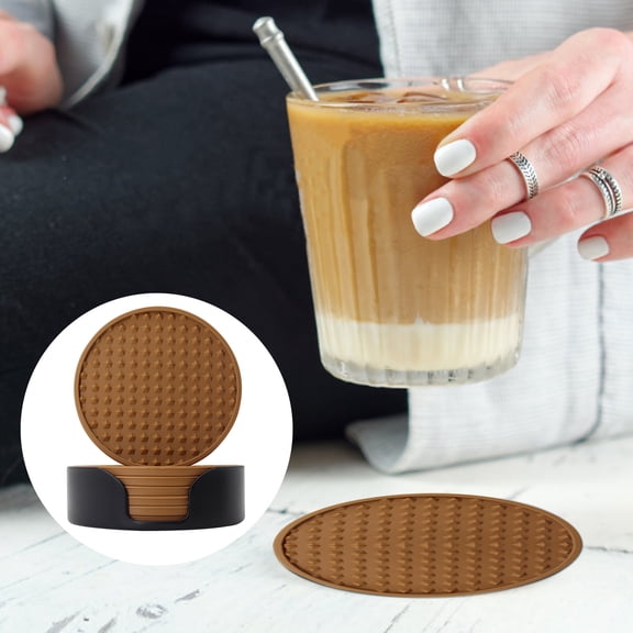 Round Silicone Coasters Set of 6 with Holder, Thick Non-Slip Heat Resistant Cup Mat for Cold and Hot Drinks, Tabletop Protector for Home and Office Ginger