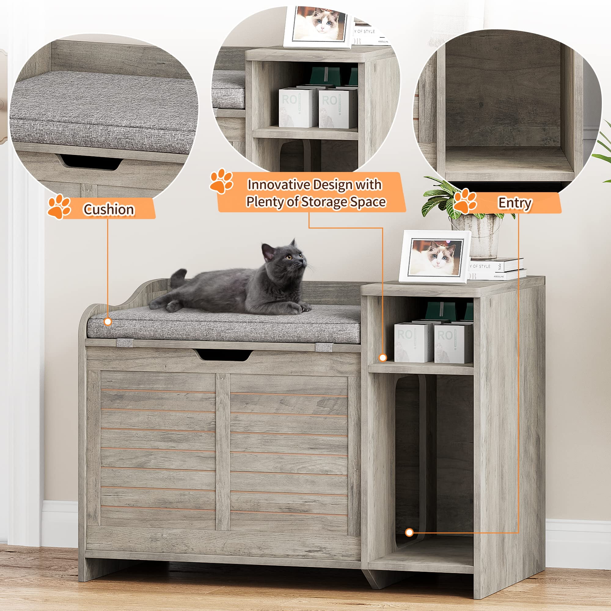 Faitaliicy Litter Box Enclosure With Cushion Hidden Cat Litter Box With Top Opening Flip Top Privacy Cat Litter Box Cabinet Wooden Cat Washroom Storage Cabinet Bench For Living Room Bedroom