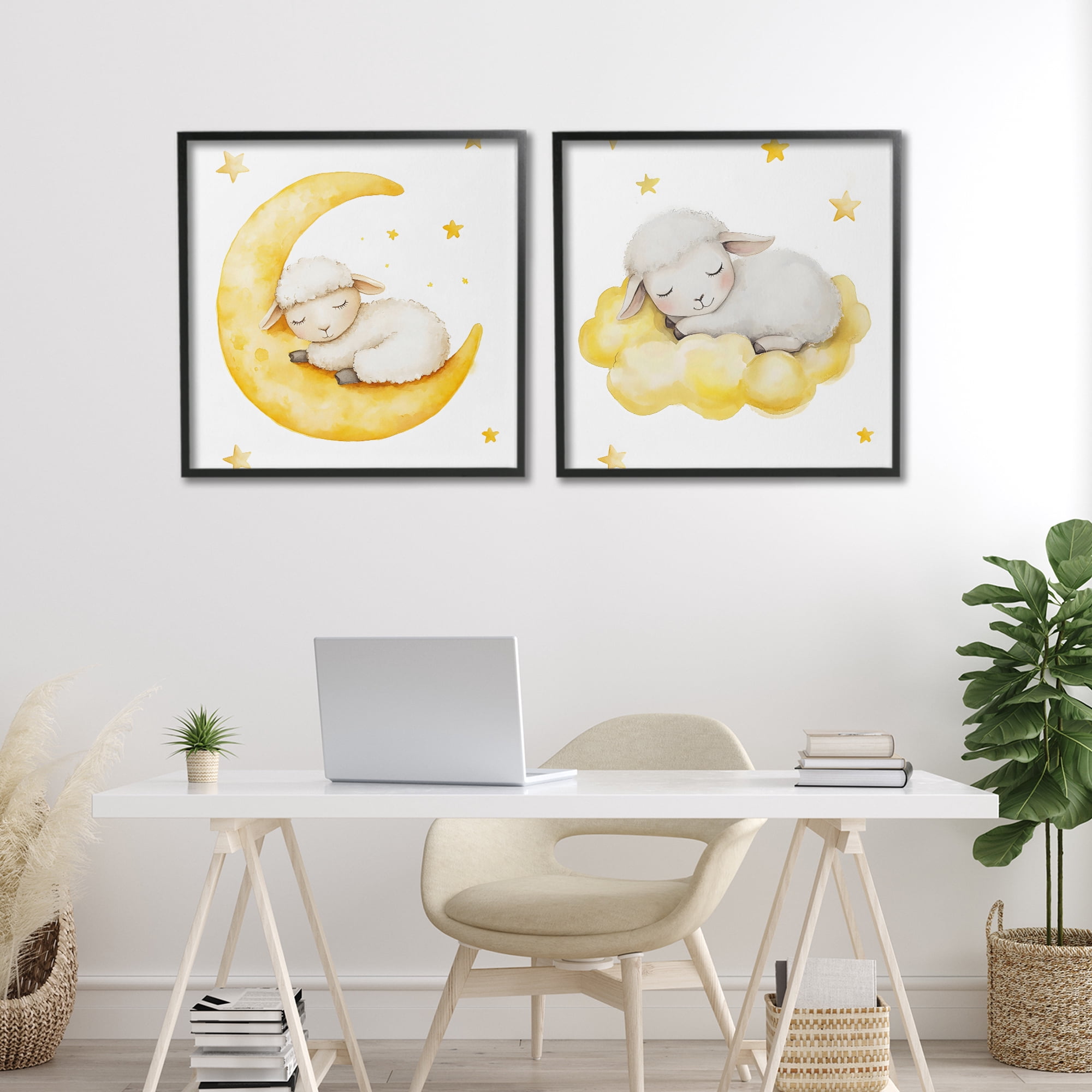 Stupell Industries Sleeping Sheep Cloud and Moon 2 Piece Black Framed Giclee Art Set, design by LSR Design Studio