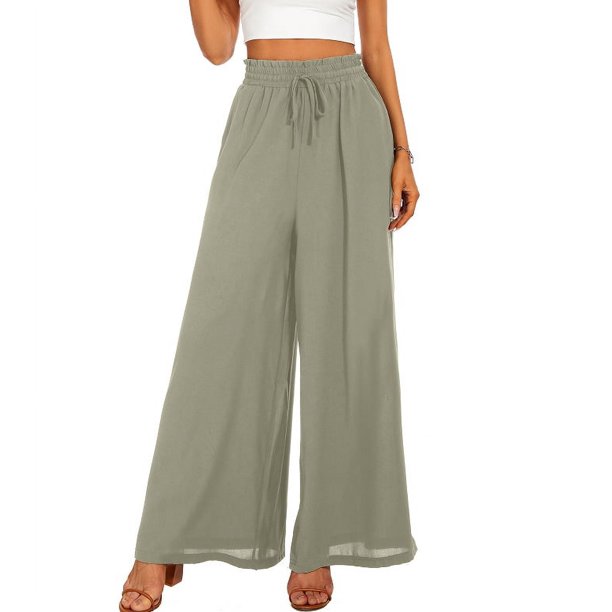 Pantalones de verano de pierna ancha para mujer, cinturón elástico, pantalones de falda larga de cintura alta y pierna ancha para mujer