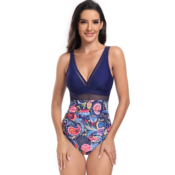 Deep V Neck One Piece Lace Trim Swimsuit