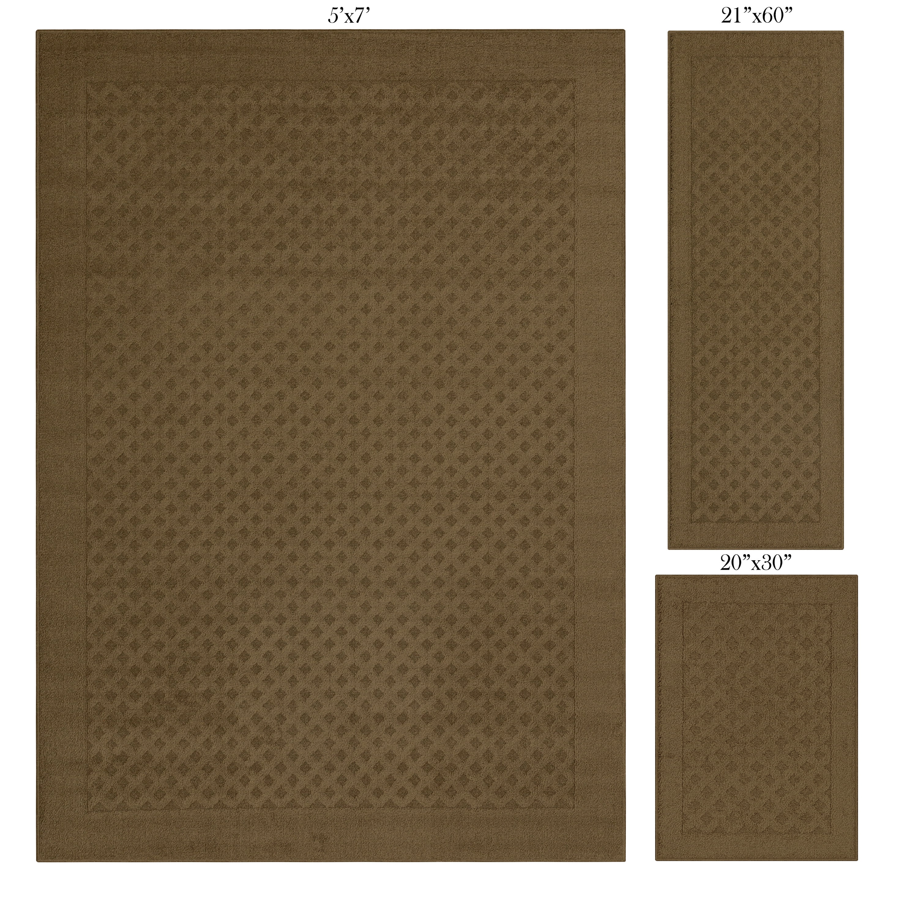 Mainstays Dylan Solid Diamond Olefin Brown Indoor Area Rug Set, 3 Piece