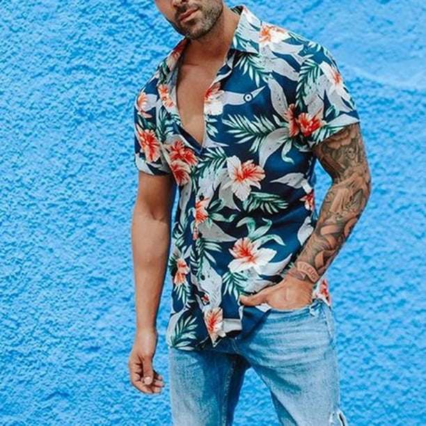 Mnycxen Men S Summer Casual Hawaii Short Sleeve Tropical Print Button Down T Shirt Top Walmart Com