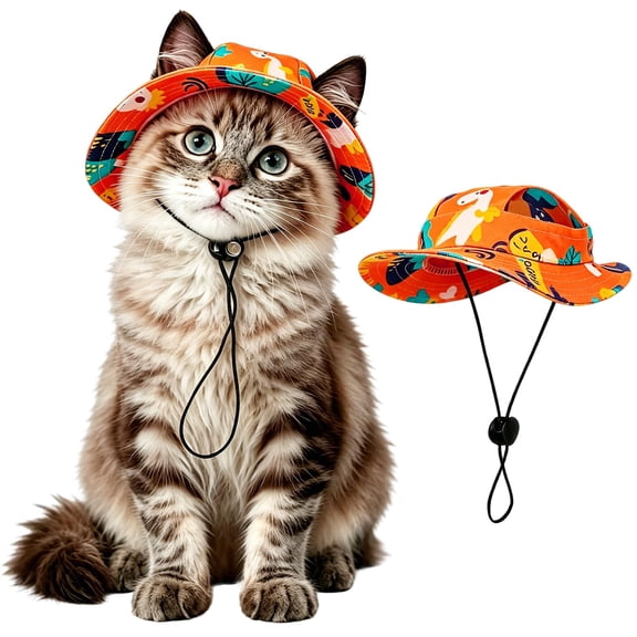 Breathable Cotton Cat Sun Bucket Hat with Ear Holes, Adjustable Windproof Chin Strap Pet Sombroso Hat for Kitten Small Chihuahua Outdoor UV Protection