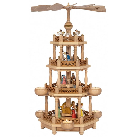 German christmas pyramid Nativity scene, 3-tier, height 55 cm / 21 inch, natural, original Erzgebirge by Richard Glaesser Seiffen