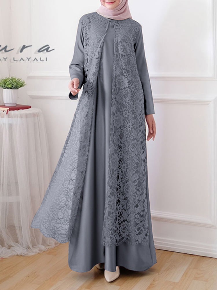 ZANZEA Women Muslim Abaya Jilbab Kaftan Vintage Patchwork Long Maxi Shirt Dress