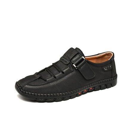 Mens Casual Leather Shoes Fashion Sneakers Lightweight Non-slip Loafers Outdoor Breathable Hiking Shoes Black 7.5 US