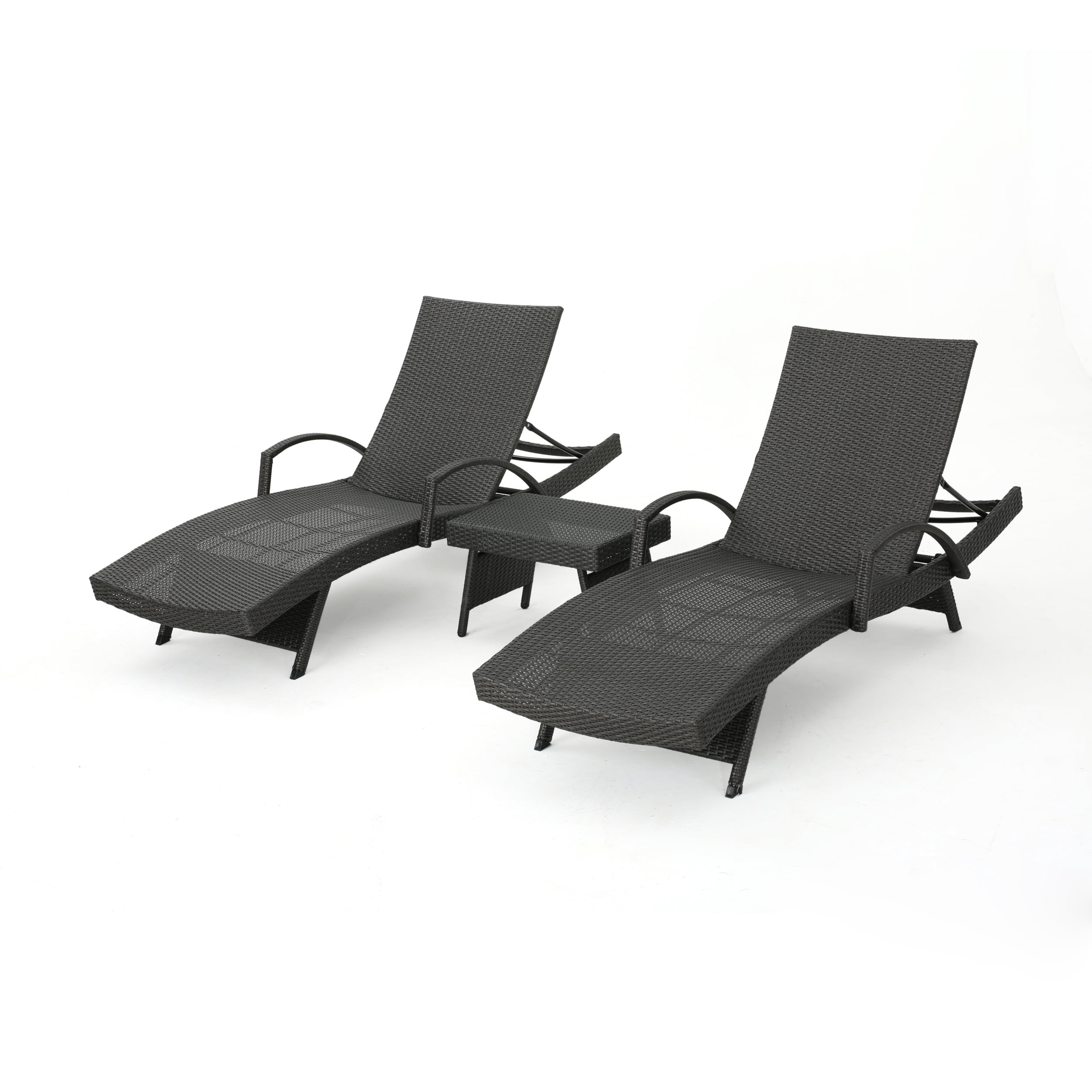 Lawson Outdoor Wicker Arm Chaise Lounges with Wicker Side Table, Set of 2, Grey