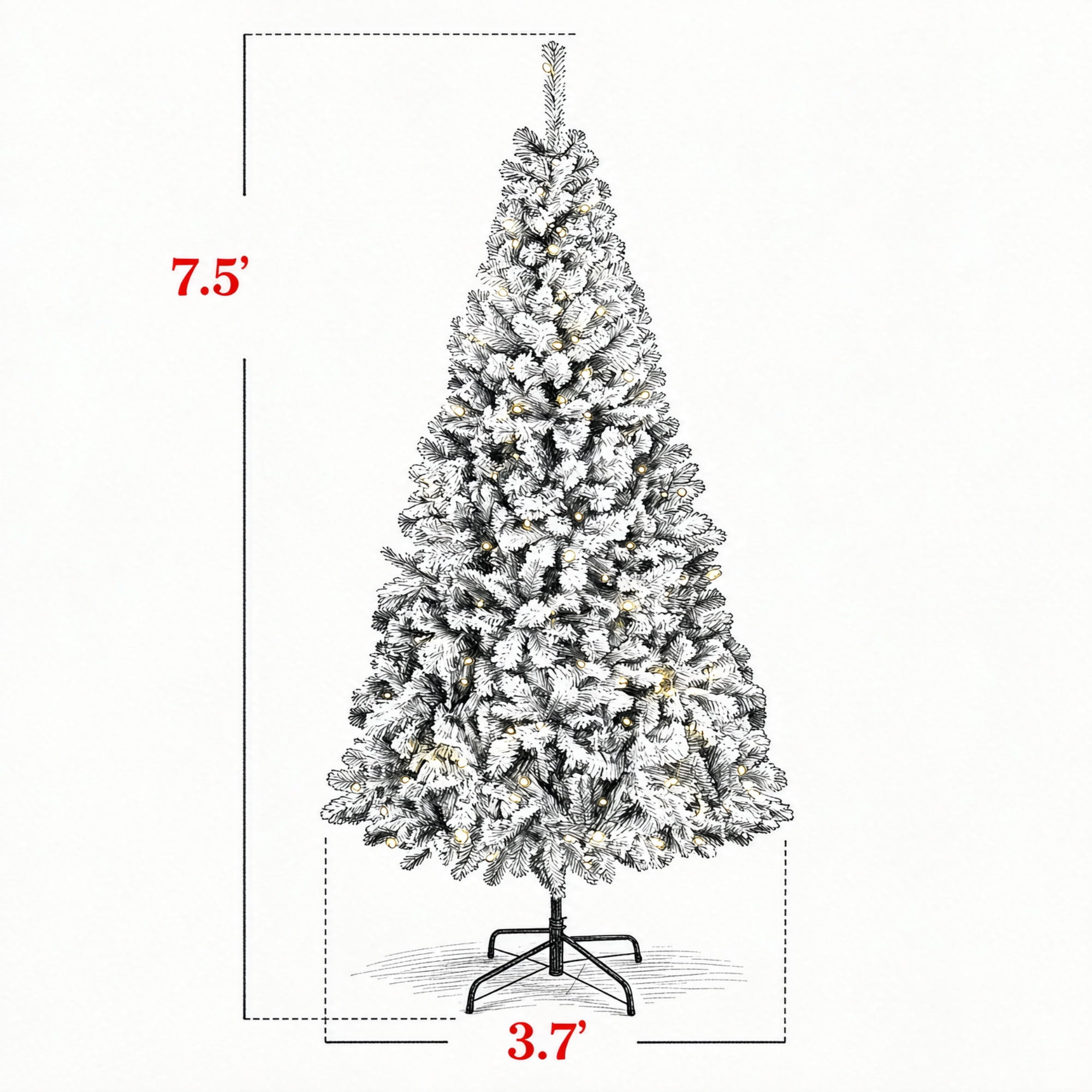 7.5 ft Pre-Lit Flocked Artificial Christmas Tree with 400 Warm White Lights, Hinged Branches, Foldable Metal Stand, 1189 Tips