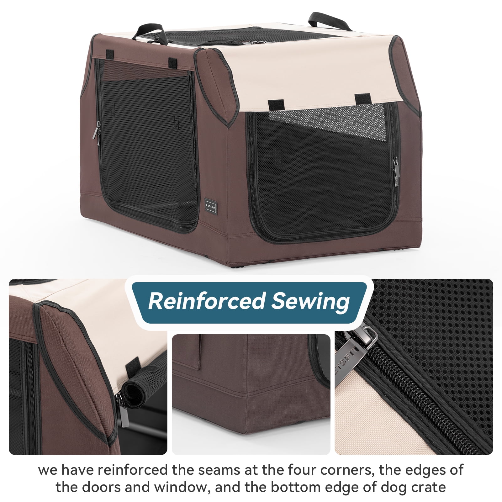PETSFIT Portable Dog Crate, Collapsible Dog Crate-Lightweight, Foldable & 3 Door Design, Spiral Metal Tube for Adjusting Cloth Cover, Collapsible Soft Dog Kennel, Outdoor & Indoor Use, Brown