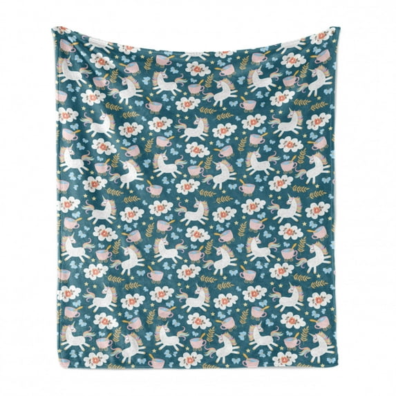 Unicorn Soft Flannel Fleece Throw Blanket, Pony with Rainbow Mane Tea Time Floral Elements Print, Cozy Plush for Indoor and Outdoor Use, 50" x 60", Petrol Blue Multicolor, by Ambesonne