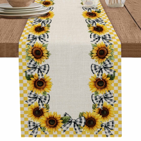 nqOlkjepod Yellow Sunflower Plaid Table Runner 48 Inches Long Farmhouse Dress Scarves, Bows Beige Vintage Pastoral Dining Tablerunner for Coffee Table/Kitchen Island/Party Décor, 13" x 48"