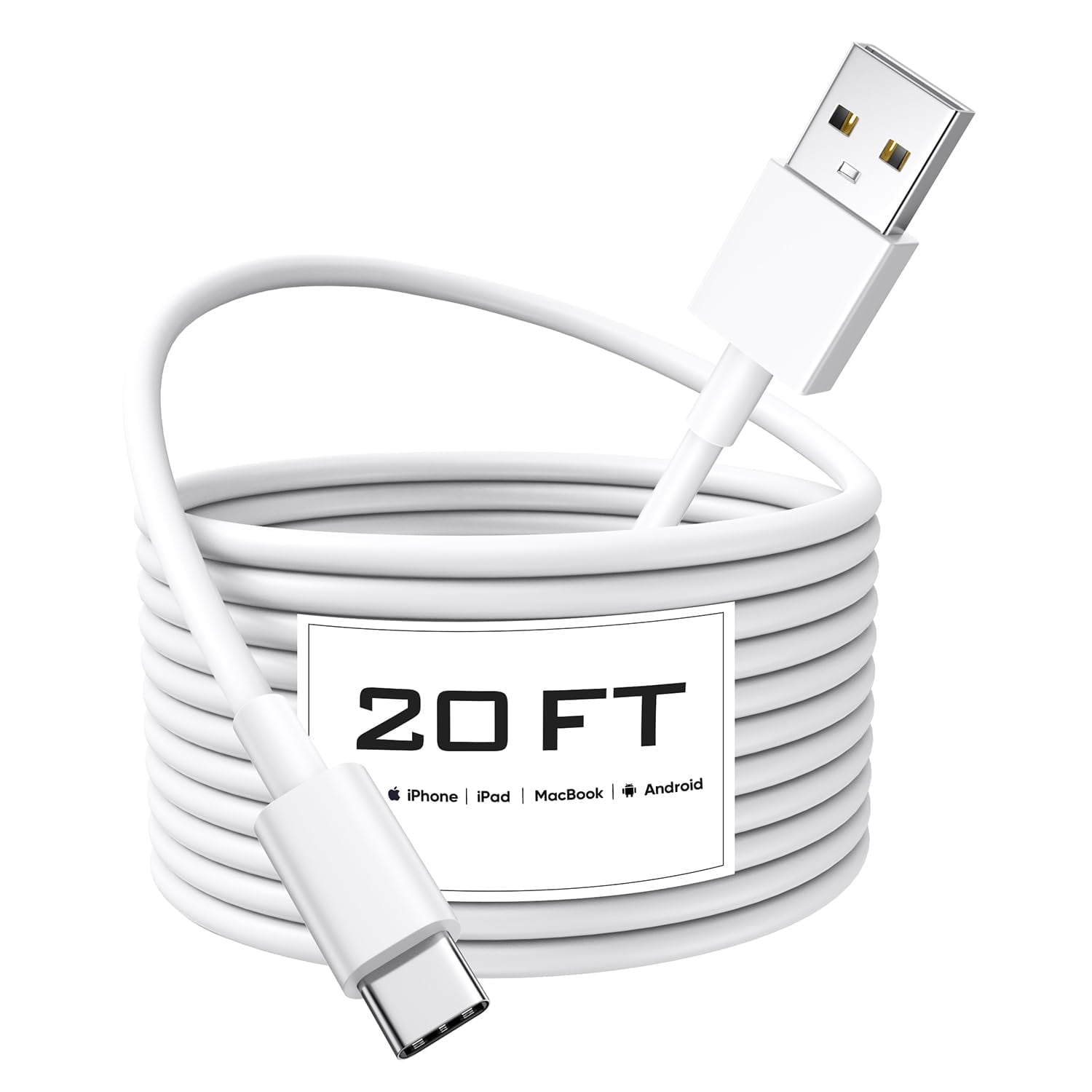 Long USB C Cable 20Ft, White Premium TPE USB A to Type C Cable Fast Charging for iPhone 16 15 Series Samsung Galaxy, Note, LG, Moto, Pixel and Other USB-C Device