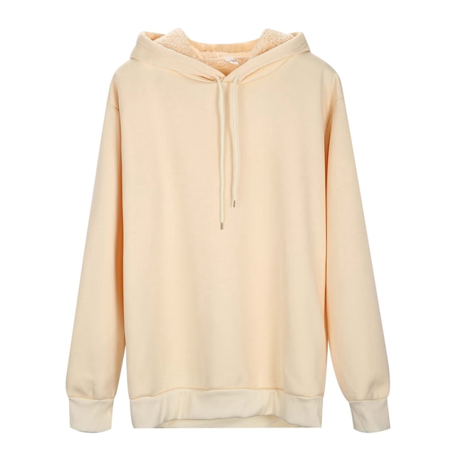 Women's Warm Lamb Wool Hoodie Solid Color Round Neck Long Sleeve Threaded Drawstring Casual Sweatshirt for Autumn Winter