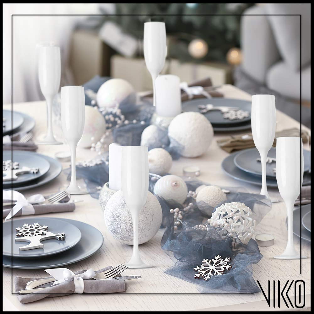 Vikko Dcor White Champagne Flutes | 6 Ounce Capacity  Perfect for Parties, Weddings, and Everyday  Thick and Durable  Dishwasher Safe  Set of 6 Sparkling Wine Glasses