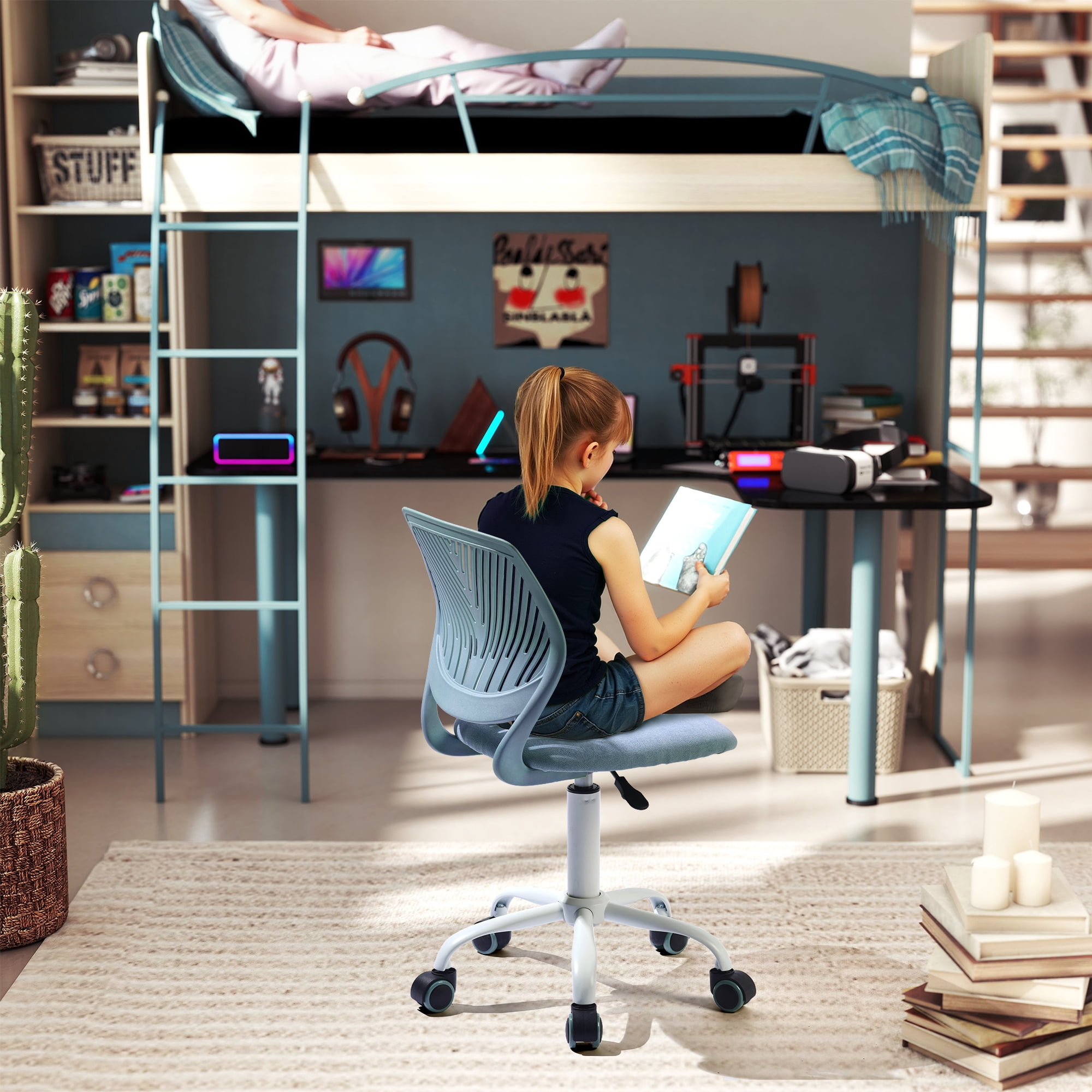 Ergonomic Home Office Desk Chair with Adjustable Height, Rolling Base, and Breathable Backrest, Light Blue