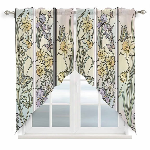 Butterflies Flowers Swag Curtains for Kitchen/Bedroom/Living Room, Vintage Geometric Colorful Glass Floral Scalloped Curtains 63 Inch Long, Window Swag Topper Curtains Valances 2 Panels Set 36"x63"