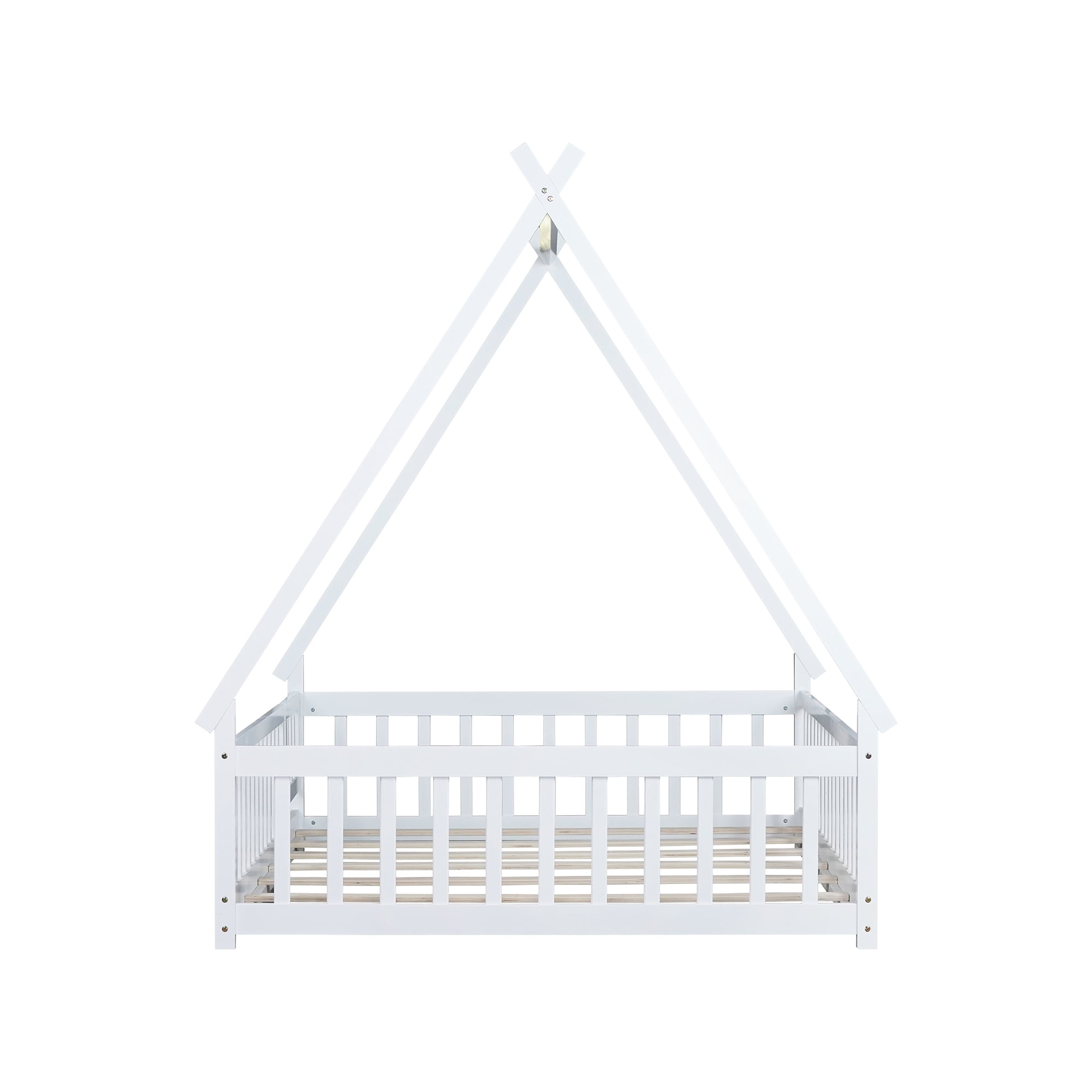 Miniyam Full Size Teepee Tent Floor Bed with Guardrails and Lockable Door, Wooden Montessori Bed with Slats for Kids Bedroom, White