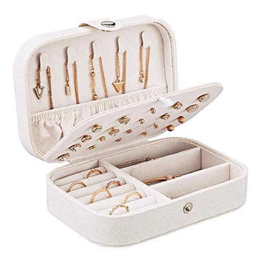 Travel Jewelry Box for Women Girls,Small Jewelry Organizer Storage for Earrings Rings Necklaces Bracelets,Double Layer Jewelry Case PU Leather Mini Jewelry Boxes Holder Display,White