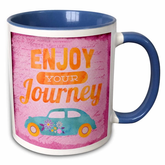 3drose, Colorful Enjoy Your Journey Typography with Beetle Car, 15oz Two-tone Blue Mug
