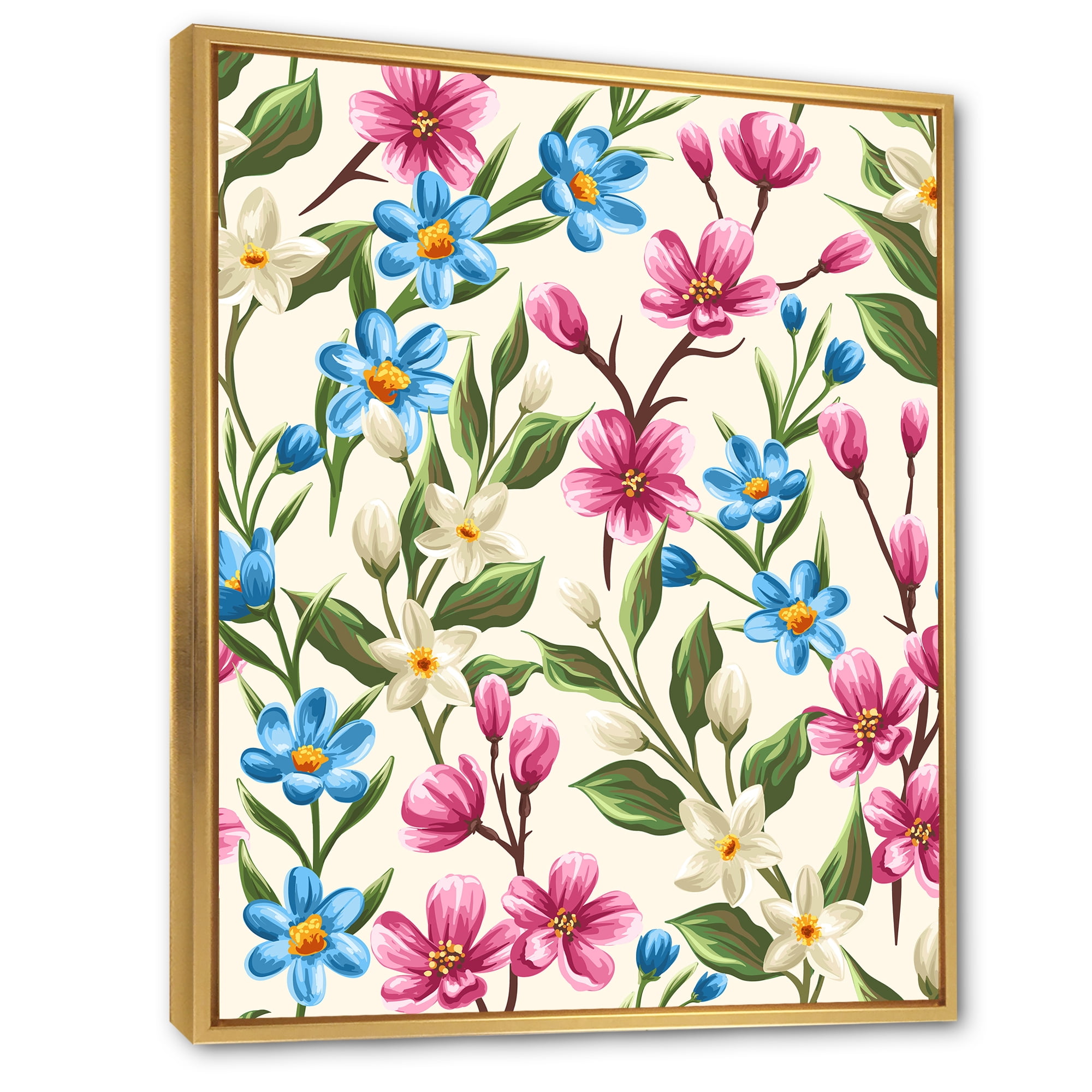 Designart 'Vintage Blue and Pink Wildflowers' Traditional Framed Canvas Wall Art Print