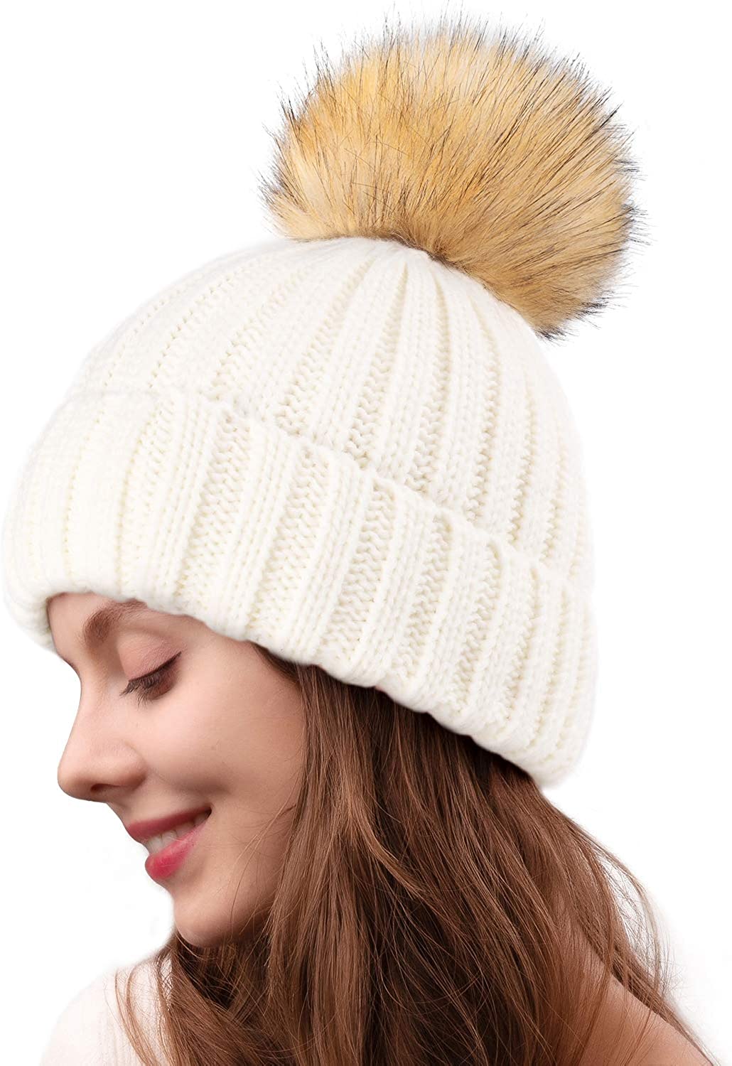 faux fur pom pom hat womens
