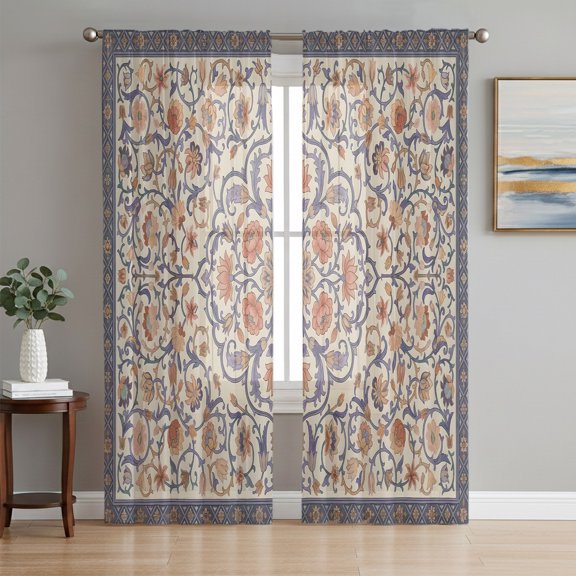 Vintage Boho Floral Sheer Curtains 63 Inch Length 2 Panels Set, Country Farmhouse Flowers Ethnic Voile Window Treatment Rod Pocket Curtains Sheers Drapes for Bedroom/Living Room/Kitchen 52x"63"x2