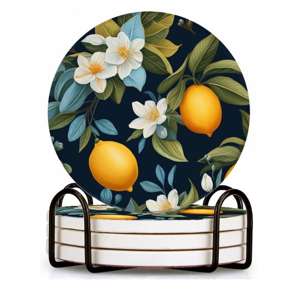 BaHomeck Drink Coasters Set of 4 with Holder Lemon and jasmine flowers on navy blue background Water Absorbent Ceramic Coasters Tabletop Protection,Suitable for Various Cup ,Home Decor