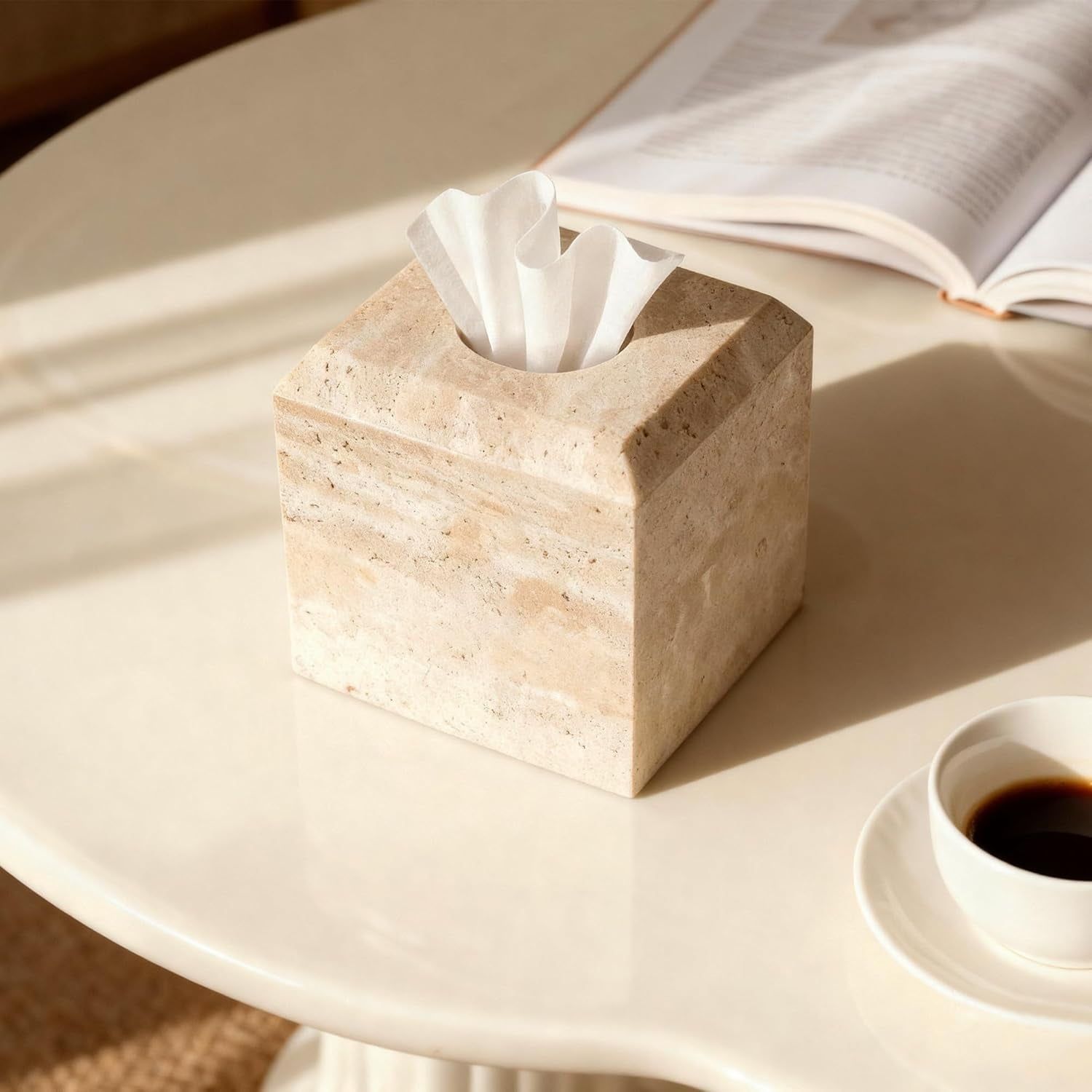 Tissue Box Cover Italy Natural Marble Heavy Duty Square Facial Toilet Paper Holder for Bathroom Living Room Bedroom Dresser Kitchen Minimalistic Office Home Decor Black (WH013)