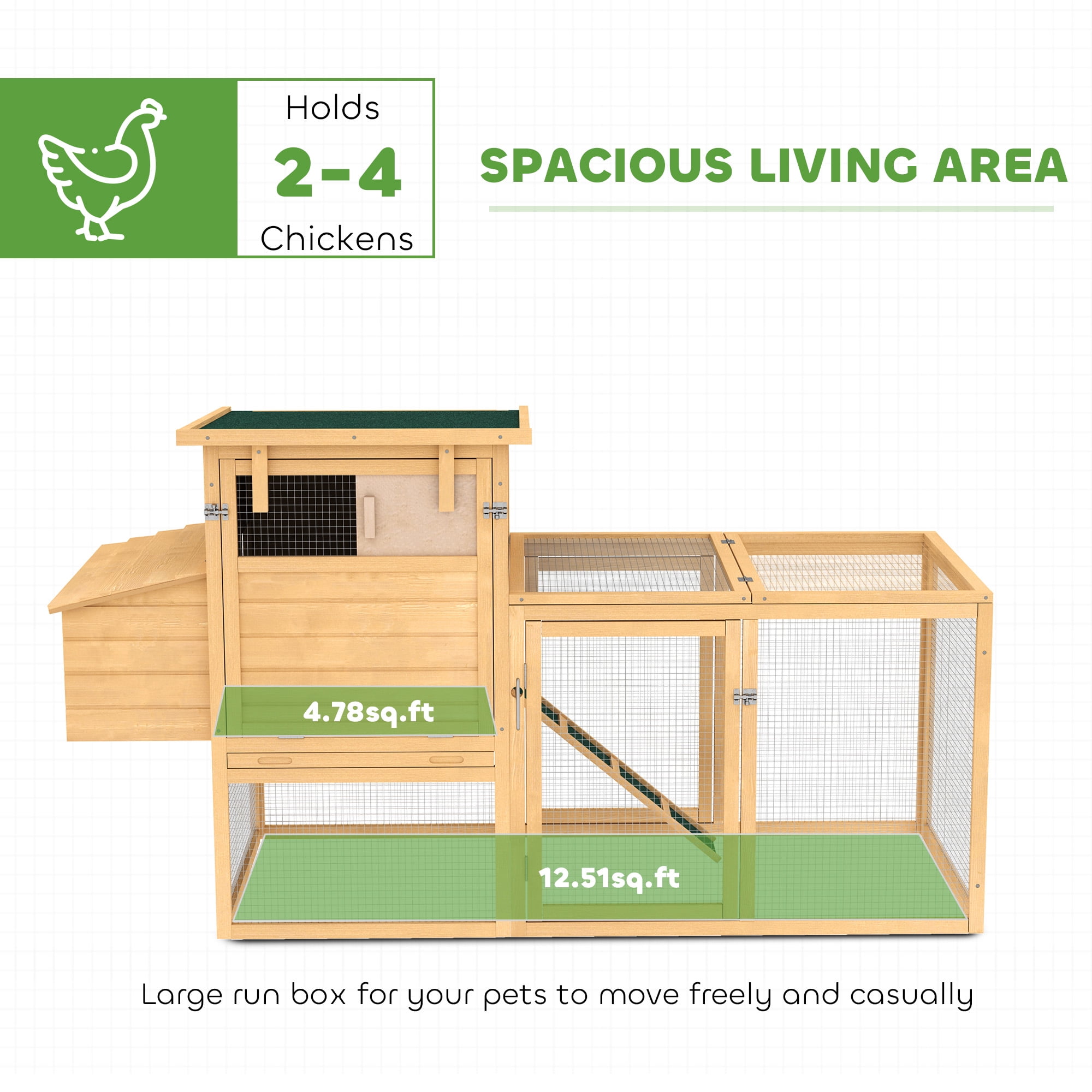 Wooden Chicken Coop with Nesting Box, Removable Tray, Ramp Run, Natural Wood