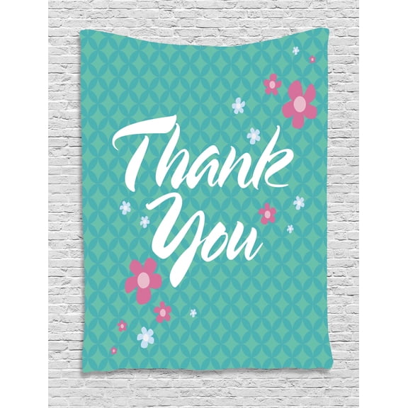 Thank You Tapestry, Sweet Design Floral Ornamental Thank You Calligraphy with Pretty Flowers Pattern, Wall Hanging for Bedroom Living Room Dorm Decor, 40"W X 60"L, Multicolor, by Ambesonne