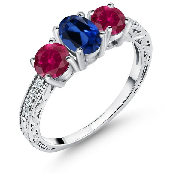 Gem Stone King 3.12 Cttw Blue Created Sapphire and Red Created Ruby Ring for Women | 925 Sterling Silver | Oval 7X5MM and 5MM | Three Stone Wedding Engagement Anniversary Promise Ring| Size 9
